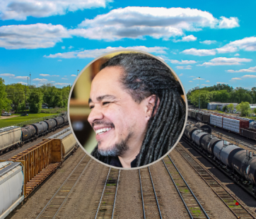 Image of trainyard photography by artist John Salgado Maldonado overlaid with an image of the artist.