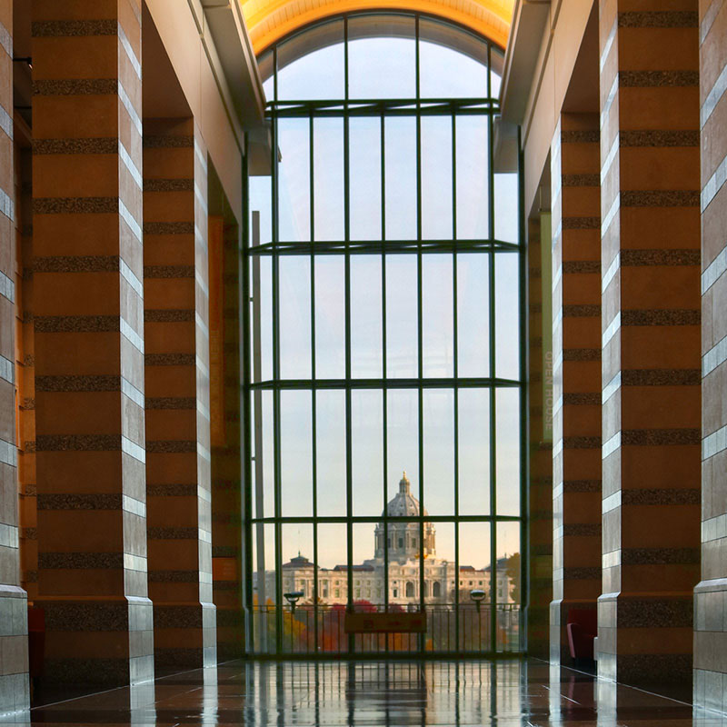 View of the Minnesota State Capitol from inside the Minnesota History Center.