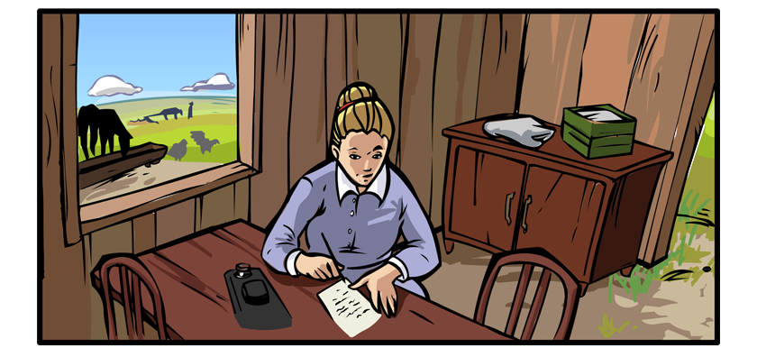 Partially unpacked, Mary sits at a table and begins to write.
