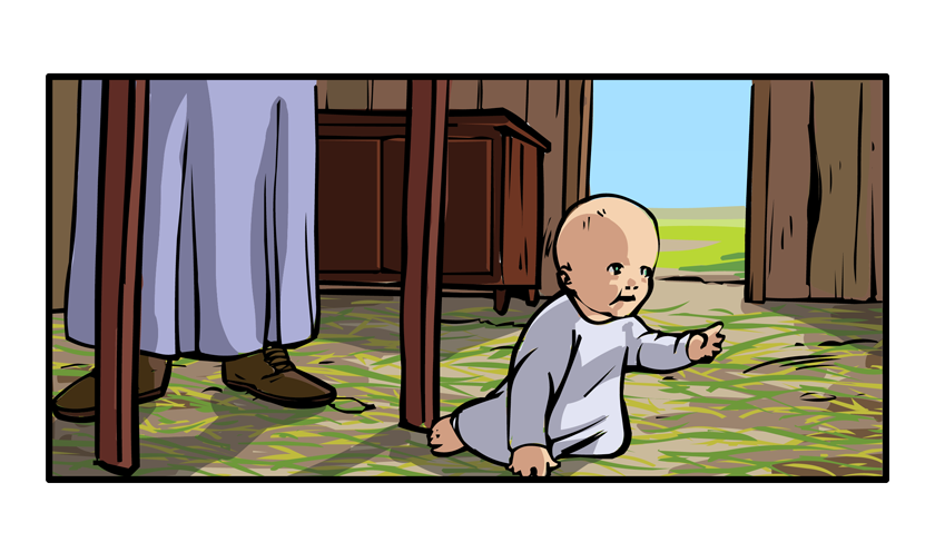 The perspective shifts back to the house and then moves inside. Little Lorenzo is crawling on the grass-covered floor.
