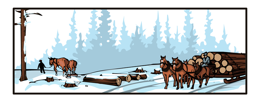A giant sled pulls up to these logs. It is pulled by four horses and is already loaded with a dozen or so logs.