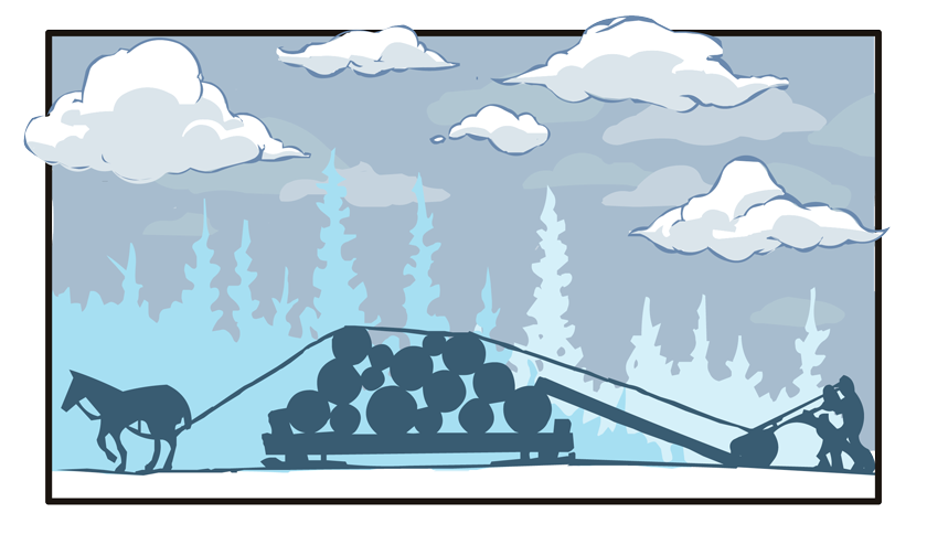 We see a silhouette of the sled being loaded. On the left side of the sled, a horse pulls on a rope that runs up over the existing logs and down a ramp to the log that's being loaded. At the log a pair of men use long poles with hooks to lever and roll the log up the ramp and to the top of the pile.
