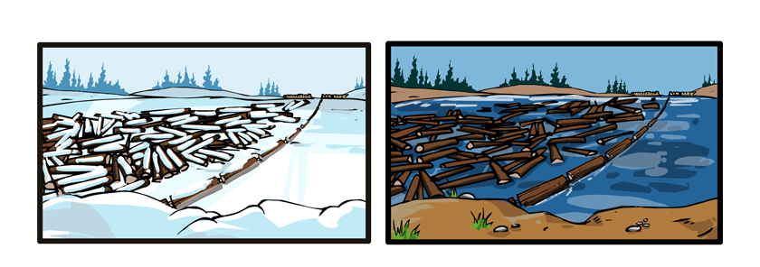 Now we're outside looking at a frozen lake. It is covered with logs. In the next panel, the same lake appears, but it's now spring. The lake has thawed and the logs are floating in a tangled mass.