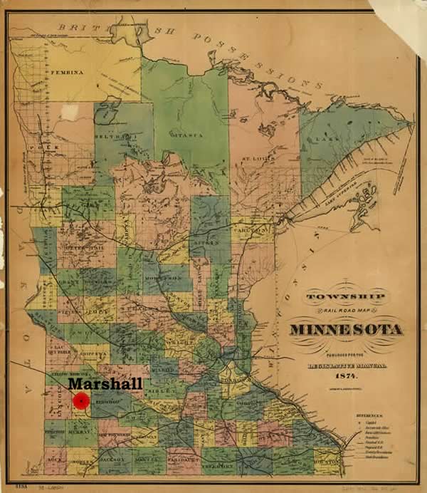 Map of Minnesota with Marshall highlighted,1874.
