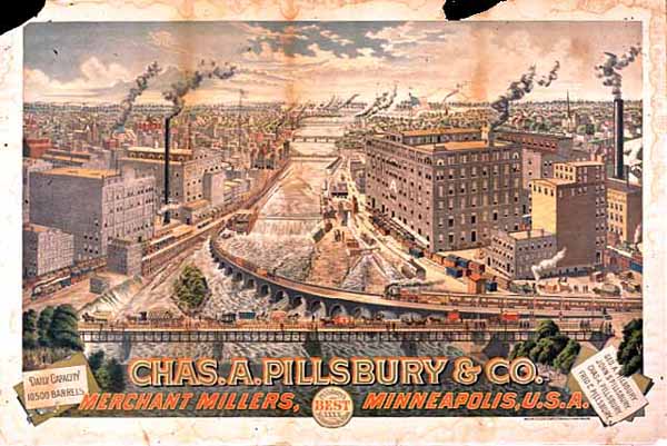 Color poster for Charles A. Pillsbury & Company, showing Saint Anthony Falls and the flour milling district, ca. 1885.