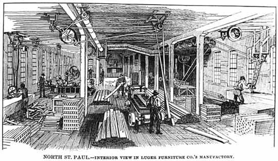 Engraving of the interior of a furniture manufacturing company showing belt-driven machinery, ca. 1888.