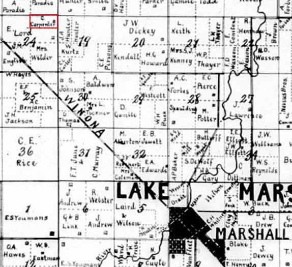 Crop of a Lyon County land ownership map showing the Carpenter farm and land surrounding Marshall, Minnesota, 1884.