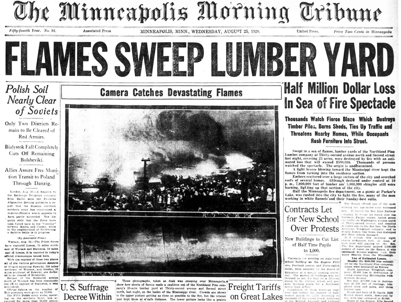 Front page of newspaper with headline and photo of the Northland Pine Company fire, August 25, 1920.