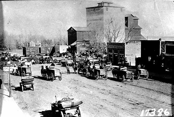 Photo of wagons full of wheat converging at a grain elevator with a train, ca. 1910.