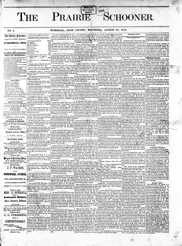 Front page of the first issue of &quot;The Prairie Schooner,&quot; August 23, 1873.