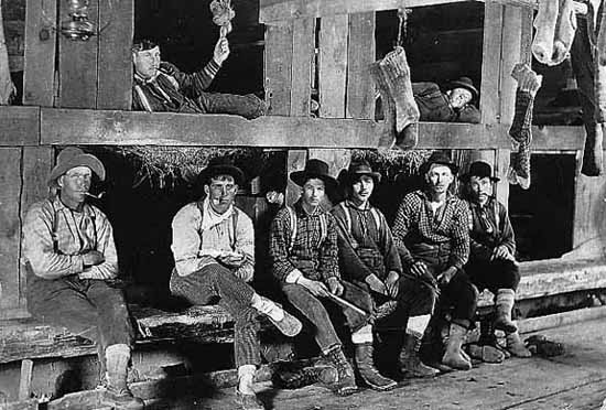 Photo of eight lumberjacks lying in bunk beds and sitting in front of them on benches, their long socks dangle from rafters, 1905.