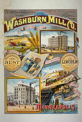 Poster for the Washburn Mill Company: 'From the Fields of Dakota to the Markets of the World,' 1889.