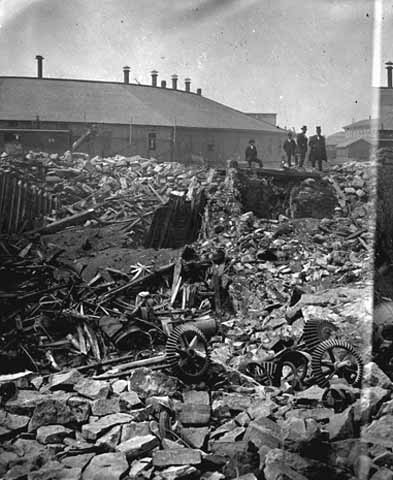 Photo of debris and rubble where the Washburn A Mill stood before the explosion, 1878.