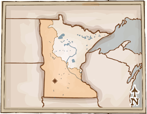 Map of Minnesota with the farming area highlighted, covering mainly the south west part of Minnesota. A small star is on Marshall area.