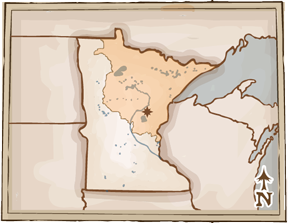 Map of Minnesota with the lumbering area highlighted, covering mainly the north east part of Minnesota. A small star is on Aitkin area.