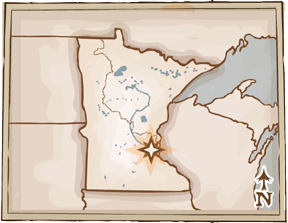 Map of Minnesota with the flourmilling area indicated by a star on the Minneapolis St Paul area.