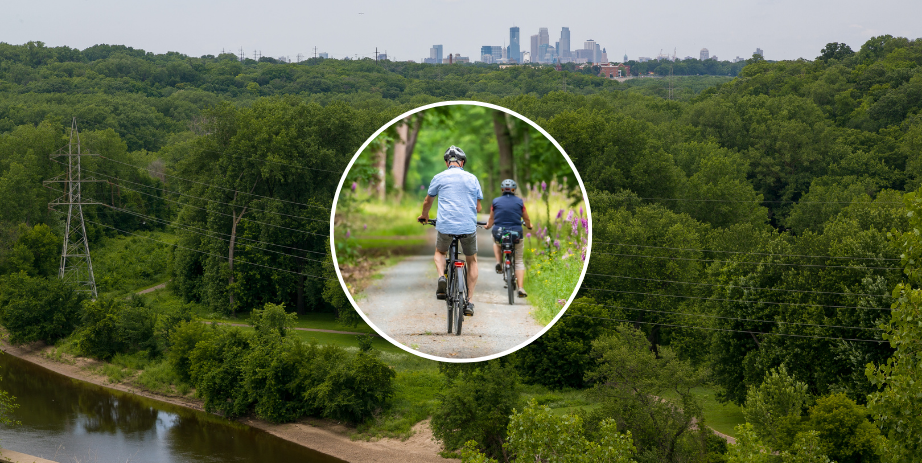 aerial view of Minneapolis skyline from Historic Fort Snelling with inset photo of people on bikes