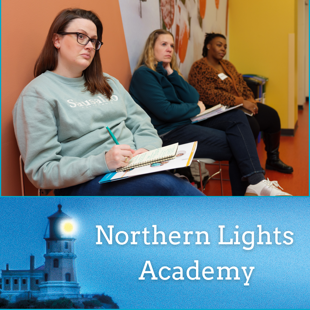 Teachers sitting in a row listening to a speaker. A lighthouse image with the caption Northern Lights Academy. 