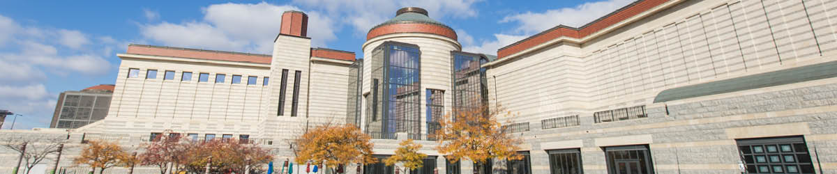 Wide view of the front of the Minnesota History Center.