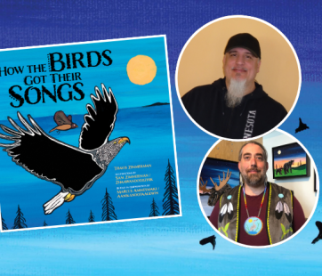 Front cover for How the Birds Got Their Songs along with headshots of author and illustrator