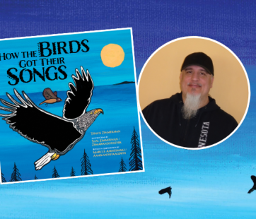 Front cover for How the Birds Got Their Songs along with headshot of author